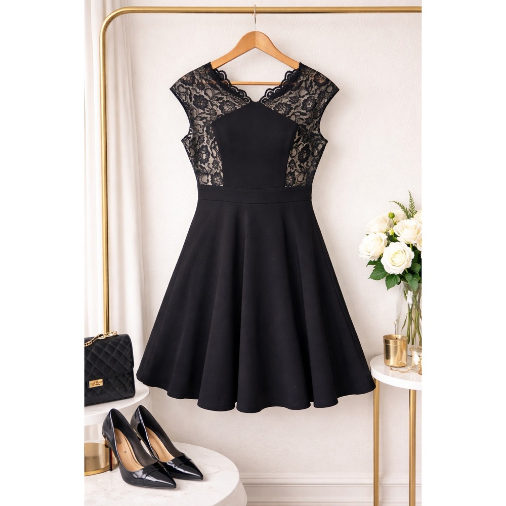 London Style Collection Black Lace Dress Cap Sleeve Women's Size 16